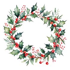 a watercolor christmas wreath with holly and red berries on white background stock photo - rights