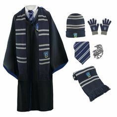 a harry potter robe, scarf, hat and gloves are shown in this image with accessories