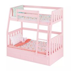 a pink bunk bed with two drawers and a pillow on the bottom floor, in front of a white background