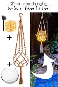 the instructions for how to make a hanging solar lantern with string and glass orbs