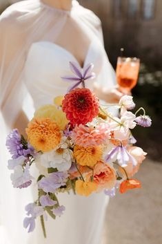 Bright Dahlia Bouquet, Small Colourful Bridal Bouquet, Lilac And Orange Wedding Flowers, Small Summer Bouquet, Vibrant Summer Wedding Flowers, Bright Summer Flowers Wedding, Bridesmaid Bright Flowers, Bright Colorful Wedding Bouquet, Small Colourful Bouquet