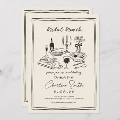 a black and white illustration of a bridal brunch dinner party with wine