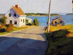 an oil painting of a house by the water with a street sign in front of it