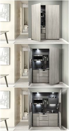 four different views of the inside of a kitchen with white walls and flooring, including cabinets