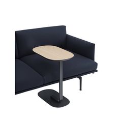 a black chair with a wooden table on it's back and seat cushion in the middle