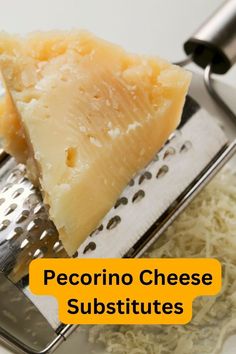 a cheese grater with shredded cheese in it and the words, pecorino cheese subtites