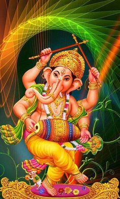 lord ganesha sitting on the ground in front of green and yellow lights, with his