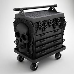 a black box with skulls on it and wheels