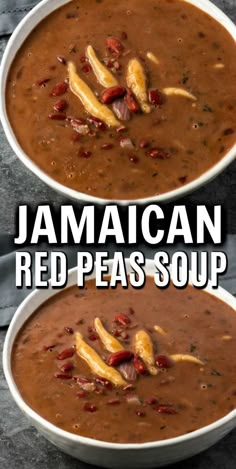 two white bowls filled with red pea soup and topped with banana peels on top