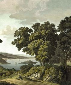 an image of a landscape with trees and people on the shore in the foreground