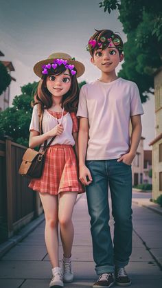 two children are standing next to each other on the sidewalk, one is wearing a flower crown