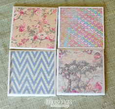 four different patterns are shown on the table top, one is blue and white with pink flowers