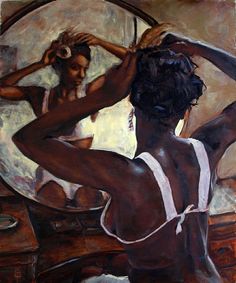 a painting of a woman in front of a mirror brushing her hair with an electric blow dryer