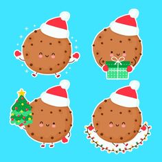 three cookies with christmas hats and presents on them, one is holding a present box