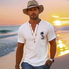 Season:Summer; Fabric:100% Cotton; Sleeve Length:Short Sleeve; Look After Me:Wet and Dry Cleaning,Washable; Gender:Men's; Style:Fashion,Casual,Classic; Elasticity:Micro-elastic; Tops Type:Tee Top,Henley Shirt,T shirt Tee; Occasion:Beach,Going out,Street,Vacation; Age Group:Adults; Fit Type:Regular Fit; Pattern:Coconut Tree; Design:Print; Neckline:Henley; Listing Date:03/15/2024; Bust:; Length: Summer Beach Shirt With Short Sleeves, Short Sleeve Shirt For Summer Beach, Short Sleeve Shirt For Beach In Summer, Short Sleeve Beach Shirt For Summer, Short Sleeve Summer Beach Shirt, White Short Sleeve Camp Shirt For Summer, Spring Casual Crew Neck Camp Shirt, White Relaxed Fit Shirt For Vacation, White Short Sleeve Shirt For Summer