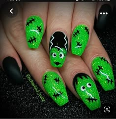 Halloween Nail Designs Frankenstein, Frankenstein Halloween Nails, Frankenstein Nails Halloween, Frankenstein Nail Designs, Frankenstein Nails Acrylic, 2023 Halloween Nails, Short Halloween Nails 2023, Holloween Nails Designs, Bright Halloween Nails