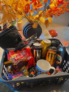 Boo basket, fall, mushroms, orange leafs, orange, black basket, gift idea, boyfriend gift idea Birthday Gifts For My Boyfriend, Boyfriend Boo Basket, Mens Boo Basket, Spooky Basket For Bf, Basket For Bf, Boo Basket Ideas For Boyfriend, Bae Basket, Halloween Date Night Ideas