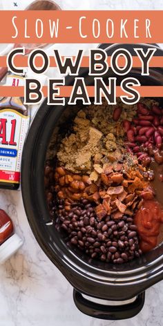 slow cooker cowboy beans recipe with text overlay