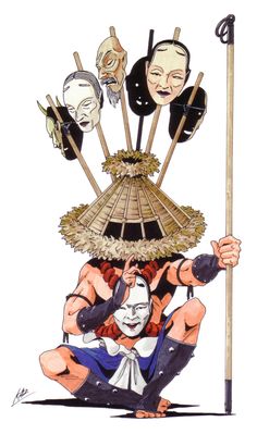 Character Design Japanese, Kazuma Kaneko, Yokai Character Design, Mask Art, Japanese Character Design, Asian Character Design, Japanese Tattoo Art