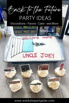 some cupcakes sitting on top of a tray with the words back to the future party ideas