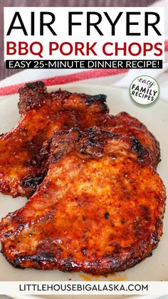 air fryer bbq pork chops on a white plate with text overlay