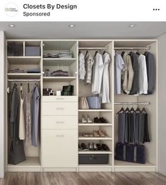 an organized closet with clothes and shoes