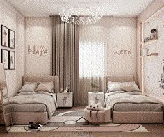 a bedroom with two beds and a chandelier