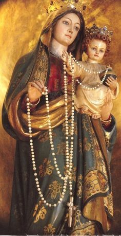 the virgin mary and child jesus with pearls on their hands, in an ornate frame