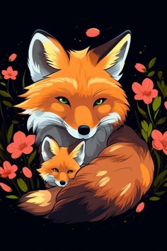 a fox and its baby are sitting in the flowers