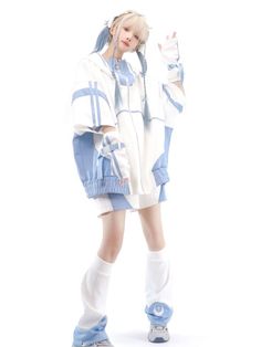 Blue Kawaii Outfit, Tenshi Kaiwai Fashion, Blue And White Fashion, Blue Leg Warmers, Kawaii Leg Warmers, Blue And White Outfits, 일본 패션, Concept Clothing, Futuristic Style