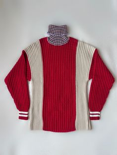 Tweed inspired knit sweater with wide rib paneling and contrast striped turtleneck. - 100% mercerized Italian cotton - Machine wash safe - Made in the US Ribbed Paneling, Brand Ideas, Crochet Creations, Striped Turtleneck, Knit Turtleneck, Womens Turtleneck, Window Shopping, Design Reference, Red Sweaters