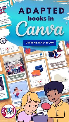 the book cover for adapted books in canva, with pictures of children and adults