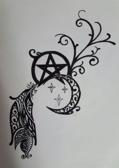 a pen and ink drawing of a crescent moon with a pentagramil on it