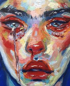 an oil painting of a woman's face with tears on her eyes and nose