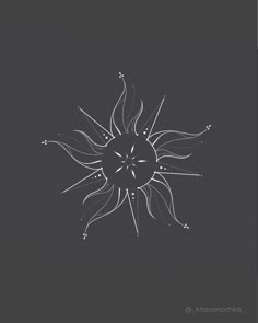 a black and white drawing of a sun with stars on it's back ground