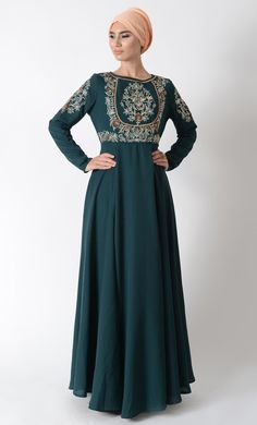 Floral embroidered tradtitional abaya dress and hijab set - EastEssence.com Traditional Long Dress Abaya For Eid, Festive Maxi Length Abaya With Dabka, Long Sleeve Dabka Gown For Eid, Long Sleeve Gown With Dabka Work For Eid, Festive Dabka Embellished Maxi Length Abaya, Eid Dabka Detail Maxi Length Dress, Floral Embroidered Maxi Gown For Eid, Green Dabka Abaya For Eid, Embroidered Long Sleeve Maxi Dress For Eid