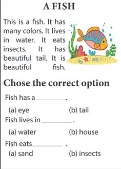 A fish . Read  and choose the correct answer . easy reading worksheet Easy Comprehension Worksheets, Easy Reading Passages For Kindergarten, Read And Answer Worksheet, Grade 2 Worksheets English, Fish Worksheet, Reading Comprehension Practice, First Grade Reading Comprehension