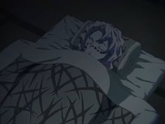 an anime character is laying in bed with his head turned to the side and eyes closed