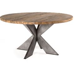 a round wooden table with metal legs and a circular wood dining table in the middle