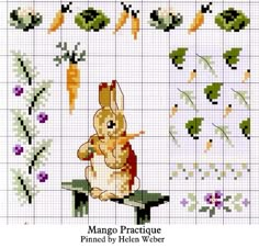 a cross stitch pattern with an image of a bunny sitting on a bench in front of flowers and carrots