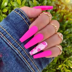 Pink Nails W Design, Rave Nails, Hot Pink Nails, Simple Acrylic Nails, Nails Fake, Uñas Acrilicas, Fabulous Nails