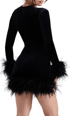 HOUSE OF CB Lavinia Feather Trim Long Sleeve Velvet Minidress | Nordstrom Champagne Bars, Strong Font, Dinner Dates, Black Celebrities, Black Velvet Dress, Mini Dresses For Women, Stretch Velvet, Mini Velvet Dress, Rounded Neckline