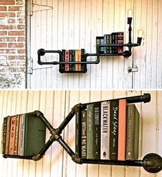 there are two bookshelves made out of metal pipes