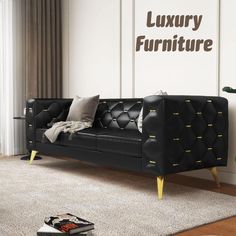 a black leather couch with gold studding in a living room