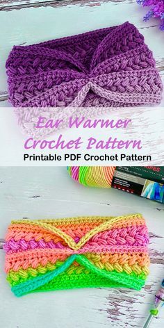 two crocheted headbands with the text easy warmer crochet pattern