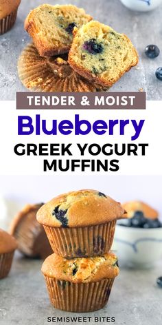 blueberry greek yogurt muffins are stacked on top of each other