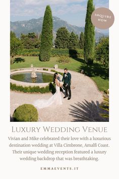 an advertisement for a luxury wedding venue with a bride and groom standing in front of a fountain