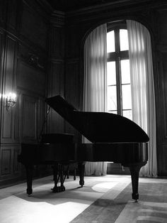 a black and white photo of a grand piano in a dark room with large windows