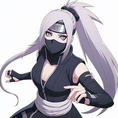 an anime character with grey hair and blue eyes, wearing a black ninja suit while pointing to the side