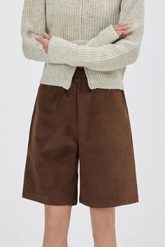 Fibflx Women's Corduroy High-Waisted Bermuda Shorts Brown Cotton Shorts For Fall, Brown Corduroy Shorts, Fall High-waisted Shorts With Elastic Waistband, Brown High-waisted Corduroy Shorts, Brown High Waist Corduroy Shorts, High Waist Corduroy Fall Shorts, High Waist Brown Corduroy Shorts, High-waist Corduroy Shorts For Fall, Corduroy Bottoms With Built-in Shorts